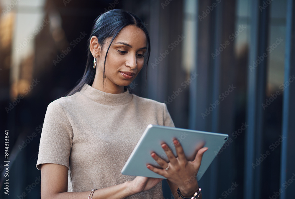 © TasJam/peopleimages.com - Work, business and woman of tablet by office for networking, communication and online information. Balcony, graphic designer and job with tech for market research, website plan and digital schedule