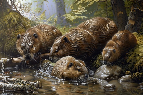 A family of European beavers building a dam in a tranquil forest stream.