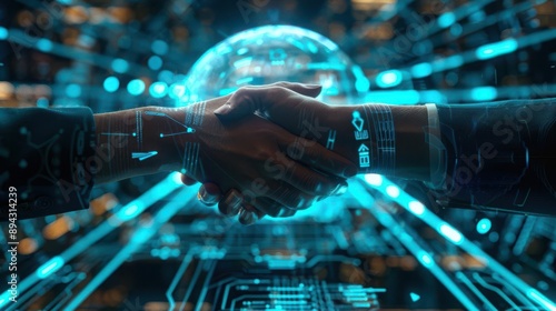 A formal diplomatic meeting scene, hands clasped in agreement, AI-generated holographic elements, neon blue and white, high-resolution, futuristic peace negotiation photo