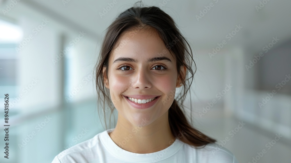 Realistic hyper-detailed portrait of a cheerful young South American woman smiling, showcasing her happiness and sense of achievement after reaching an important milestone. Background images that Realistic hyper-detailed portrait of a cheerful young South American woman smiling, showcasing her happiness and sense of achievement after reaching an important milestone. Background images that