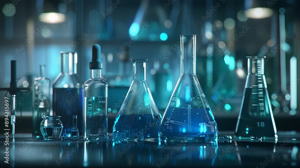 Laboratory glassware including beakers, flasks, and test tubes on a dark background, scientific equipment for experiments and research, perfect for science and chemistry themes Laboratory glassware including beakers, flasks, and test tubes on a dark background, scientific equipment for experiments and research, perfect for science and chemistry themes