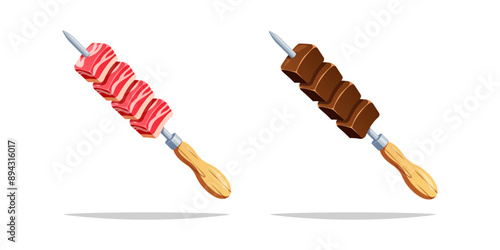 Skewer raw and grilled meat vector isolated on white background.