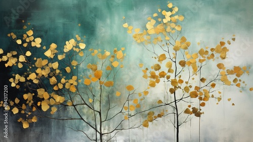 Golden trees on green and black sky background. Modern canvas art