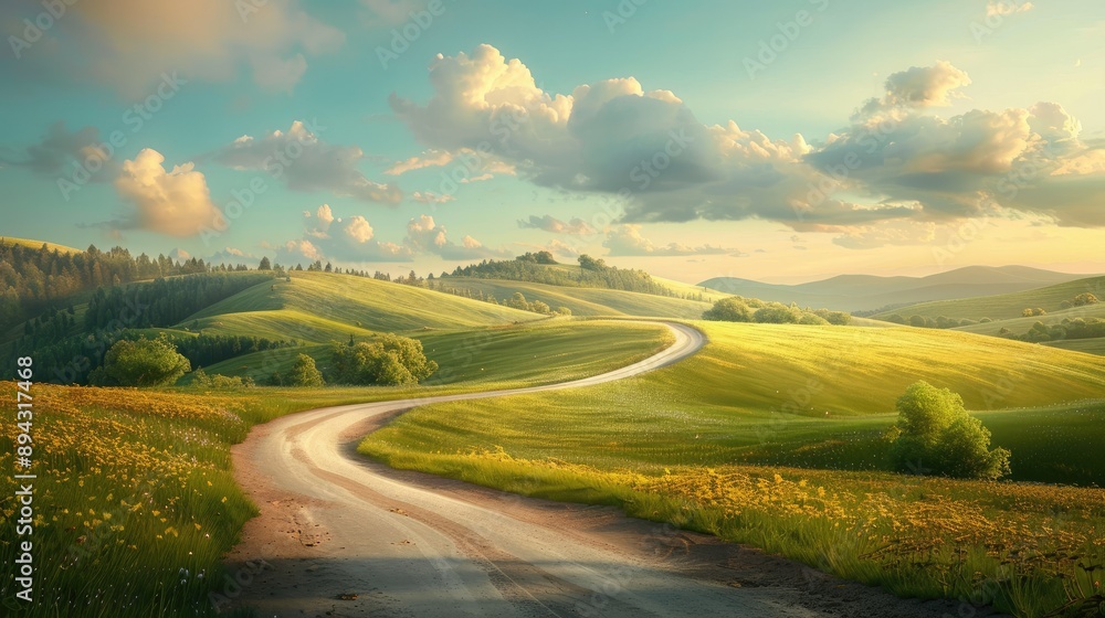 An empty, winding road through a picturesque countryside, beckoning for a journey of discovery An empty, winding road through a picturesque countryside, beckoning for a journey of discovery