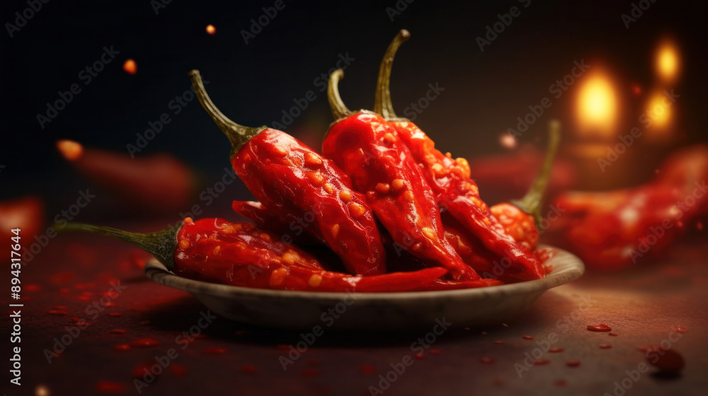 Pile of fresh red chili peppers on a plate with burning sparkles in the air, which indicates a pungent taste, against a dark background Pile of fresh red chili peppers on a plate with burning sparkles in the air, which indicates a pungent taste, against a dark background