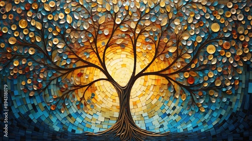 Colorful mosaic tree of life artwork . Small golden and turquoise mosaic tiles pattern forming a Tree of Life background