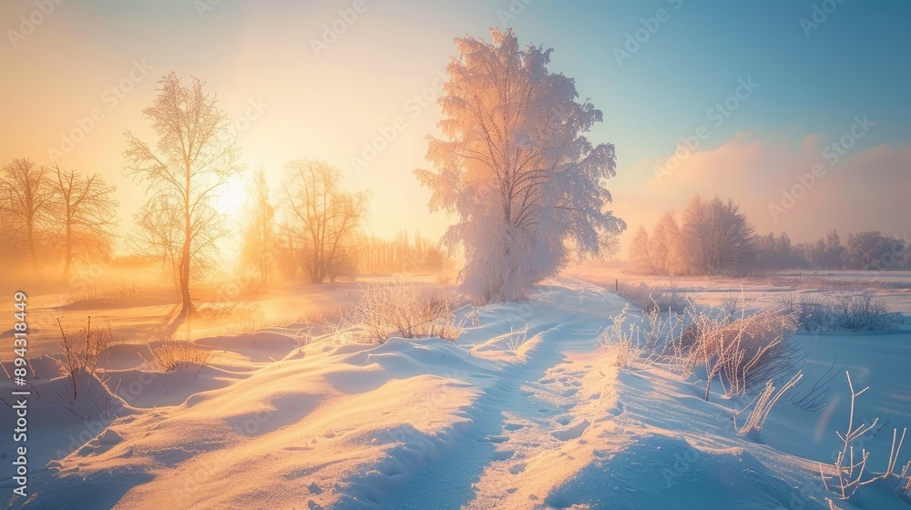 Naklejka premium Beautiful winter sunrise, with snow-covered fields and trees illuminated by the morning light