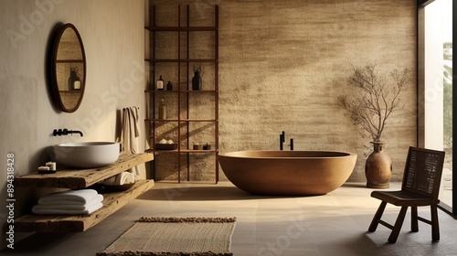 Aesthetic wabi sabi bathroom interior design in brown and white shades with solid oak and rattan furniture