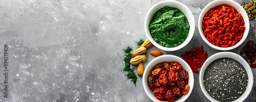 op view of a variety of superfoods including green peas, dried goji berries, apricots, and nuts in white bowls on a textured gray background. photo