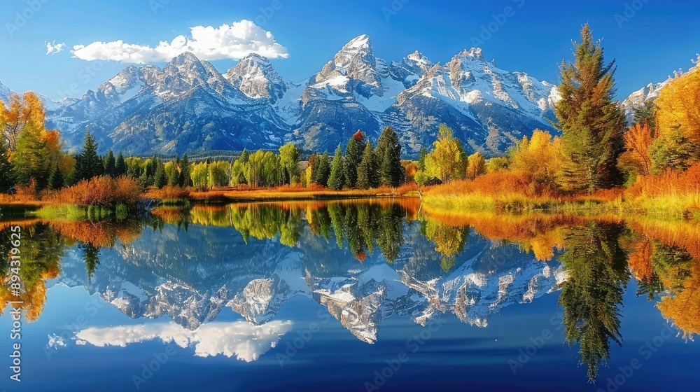 Obraz premium Grand Tetons reflecting perfectly in a still lake, capturing the majestic scenery