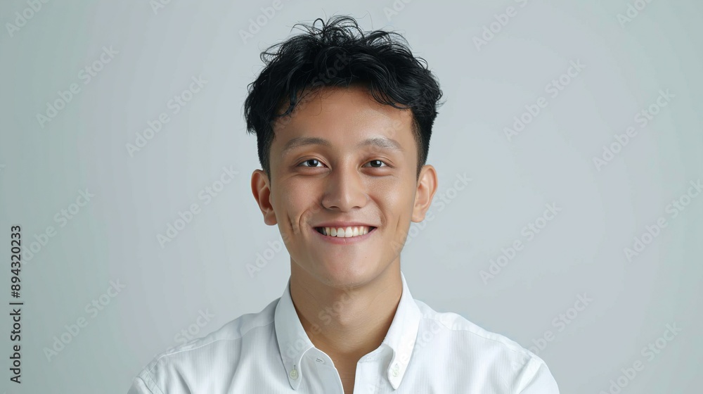 Realistic hyper-detailed portrait of a cheerful young Asian man civil servant smiling, capturing his professionalism and impact in public service and community development. Background images that Realistic hyper-detailed portrait of a cheerful young Asian man civil servant smiling, capturing his professionalism and impact in public service and community development. Background images that
