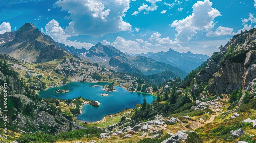 Obraz premium Panoramic mountain landscape with a hiking trail and stunning view of clear blue lakes