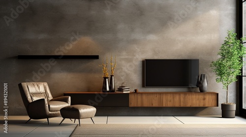Cabinet for TV wall mounted with armchair in living room with a concrete wall