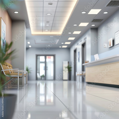 Hospital entrance with reception and waiting area. Background is blurred.