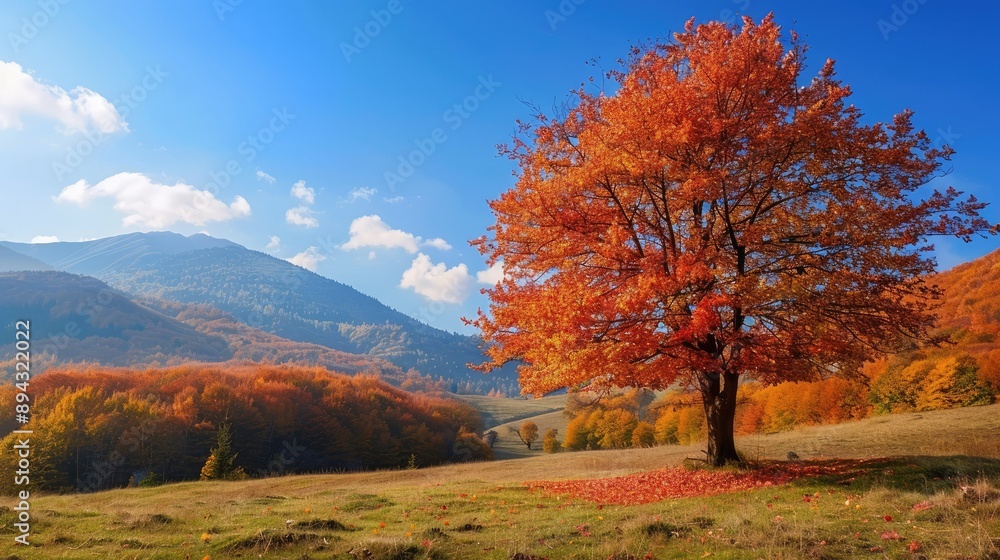 Scenic autumn landscape with a vibrant tree and mountain under a clear sky Scenic autumn landscape with a vibrant tree and mountain under a clear sky