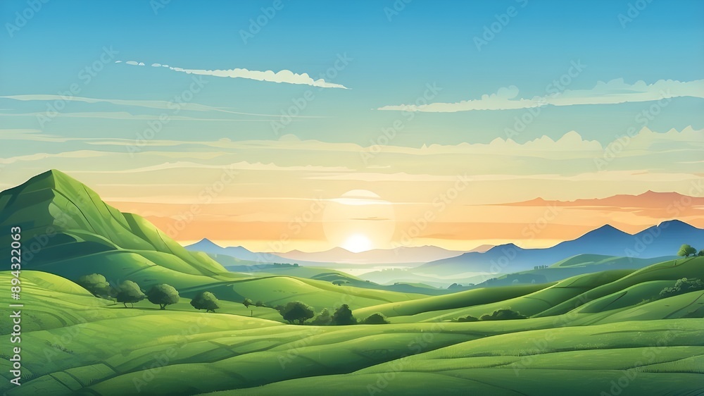 Illustration of verdant hills, farmland, and a sunrise scene with a clear blue sky in the background. AI-produced Illustration of verdant hills, farmland, and a sunrise scene with a clear blue sky in the background. AI-produced
