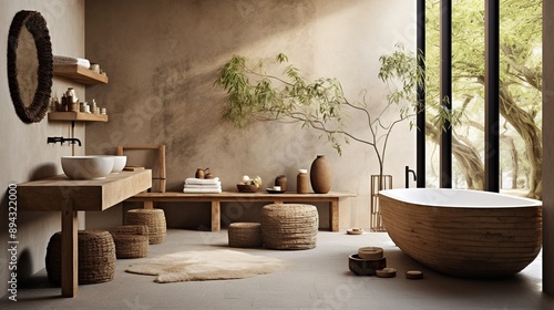 Aesthetic wabi sabi bathroom interior design in brown and white shades with solid oak and rattan furniture