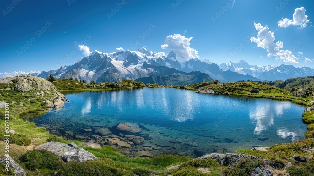 Fototapeta premium Stunning summer landscape with a mountain lake in the Alps and clear blue skies