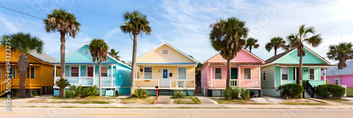 Colorful beachfront cottages with palm trees photo