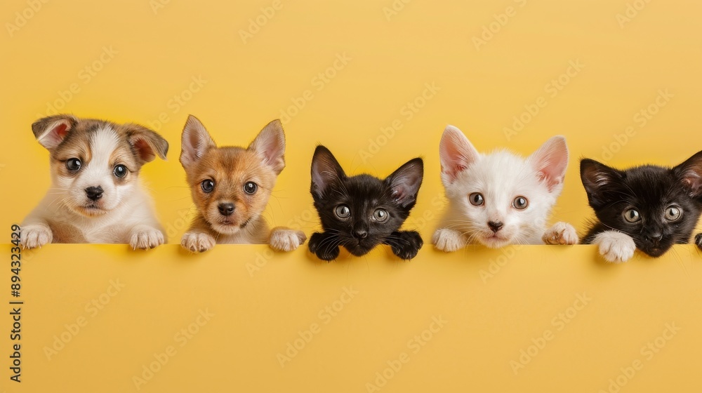 Cute Puppies and Kittens Peeking Over Yellow Background Cute Puppies and Kittens Peeking Over Yellow Background