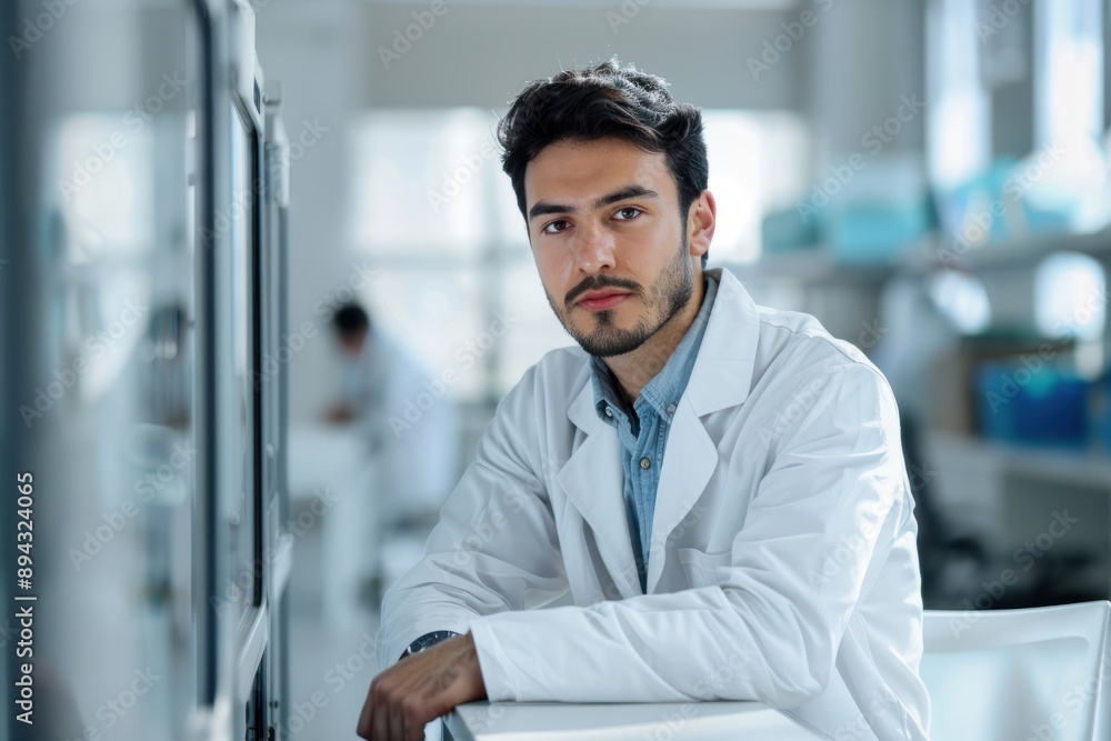 Serious male scientist in lab coat pondering in lab Serious male scientist in lab coat pondering in lab