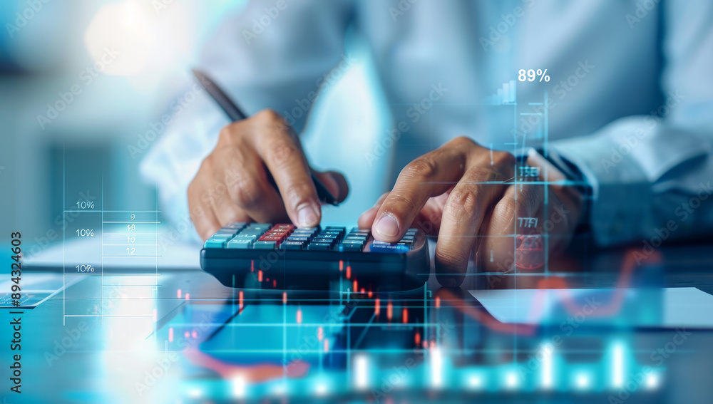 Businessman Calculating on Calculator with Financial Charts and Graphs Businessman Calculating on Calculator with Financial Charts and Graphs