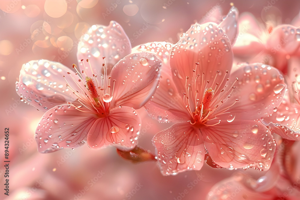 Dewy Pink Flowers Close Up