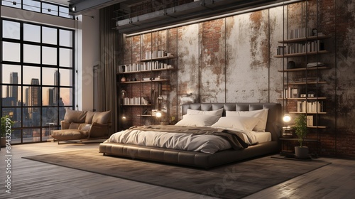 bedroom interior design with an industrial concept with hanging lights or bedroom with bed or interior of a bedroom or hotel room with bed