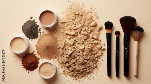 Different cosmetic products on beige background