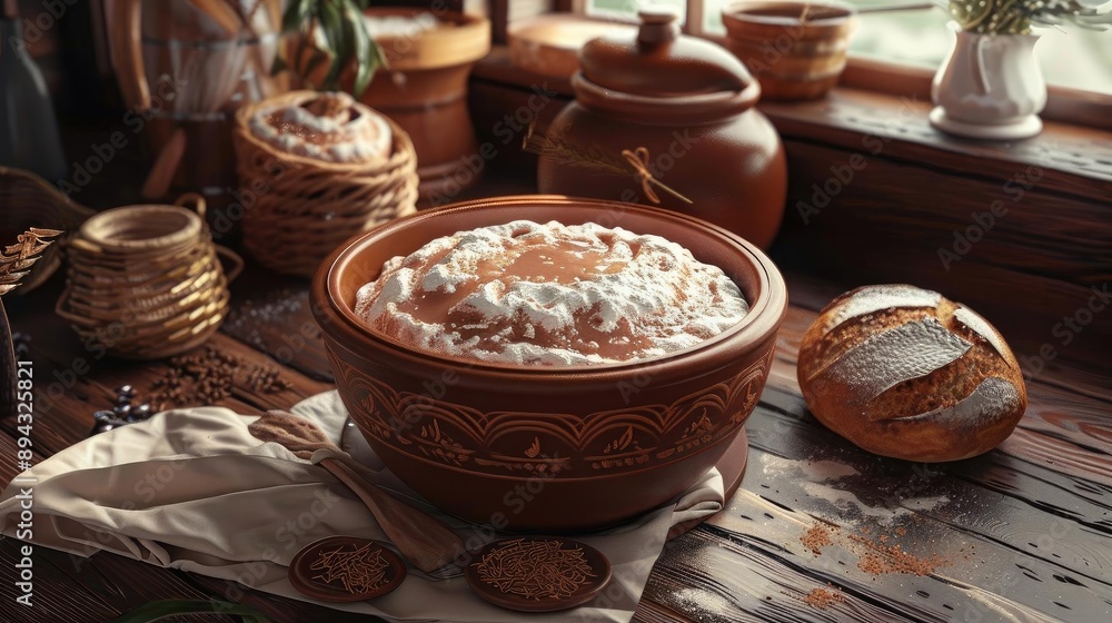 Rustic kitchen scene with bread and wooden bowls, capturing a cozy and traditional ambiance. Ideal for food and vintage-themed projects. Rustic kitchen scene with bread and wooden bowls, capturing a cozy and traditional ambiance. Ideal for food and vintage-themed projects.