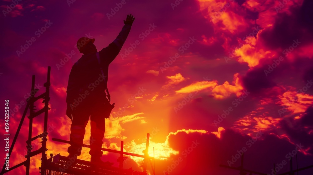 Obraz premium Construction worker silhouette at sunset.