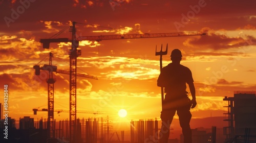 Construction worker silhouette at sunset.