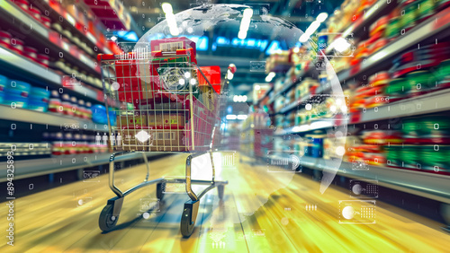 AI-enhanced shopping cart in a vibrant supermarket, tech-infused atmosphere