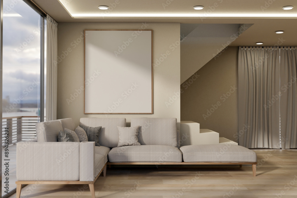 Fototapeta premium A modern, luxurious living room features a comfortable couch and a large frame mockup on the wall.