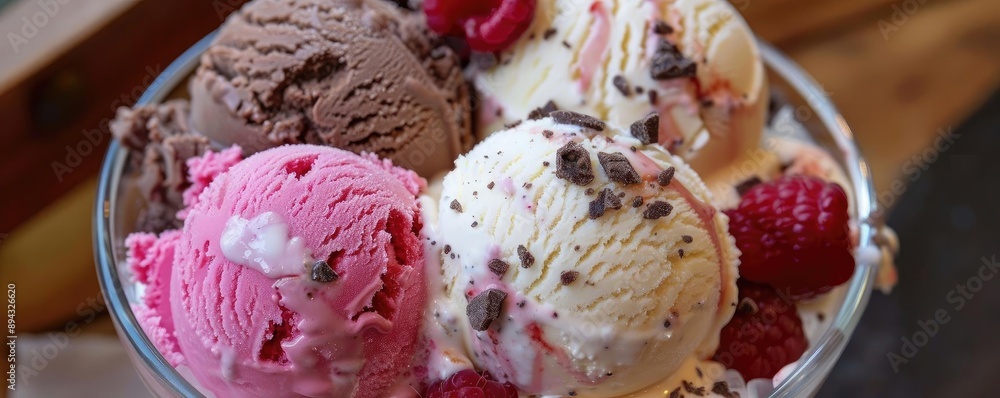 Delicious assorted ice cream scoops with chocolate, vanilla, and strawberry flavors, topped with raspberries in a glass bowl. Delicious assorted ice cream scoops with chocolate, vanilla, and strawberry flavors, topped with raspberries in a glass bowl.