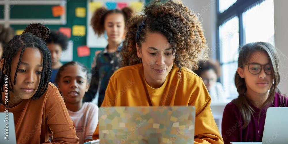 Obraz premium Teacher and students using laptops in classroom