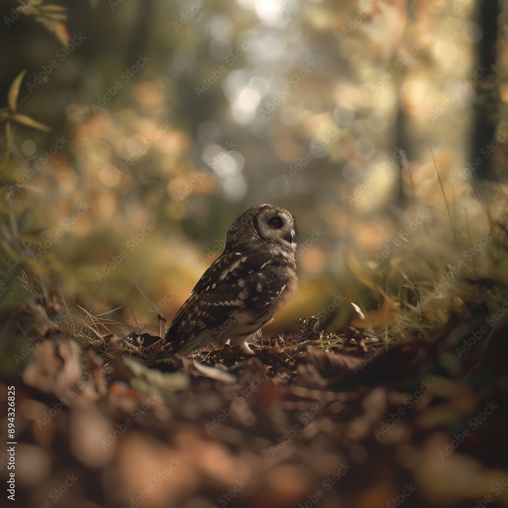 Small owl perched in a forest setting, surrounded by blurred autumn foliage. Perfect for wildlife or nature-themed designs. Small owl perched in a forest setting, surrounded by blurred autumn foliage. Perfect for wildlife or nature-themed designs.