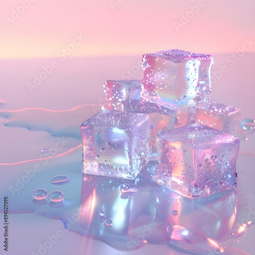 Some Ice blocks, beads of water congealed on the ice, pastel colorful background, white tone, gradient, soft light, colorful transparent glass1 photo