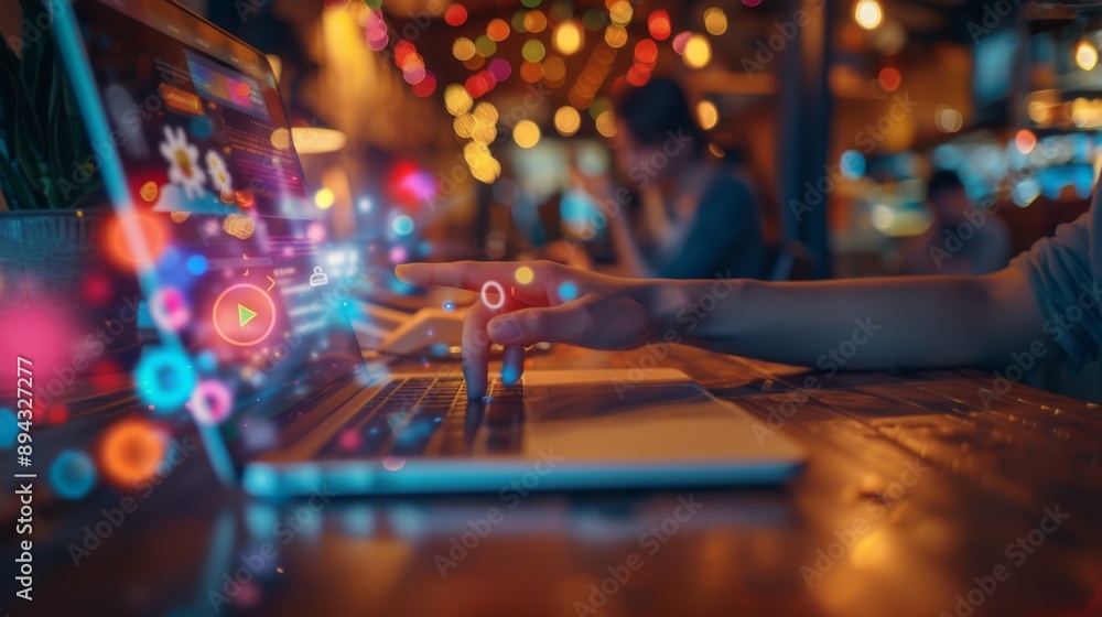 Fototapeta premium Person Using Laptop With Colorful Lights.