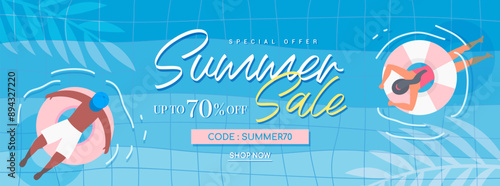 Summer sale banner vector illustration. Friends having fun in the pool