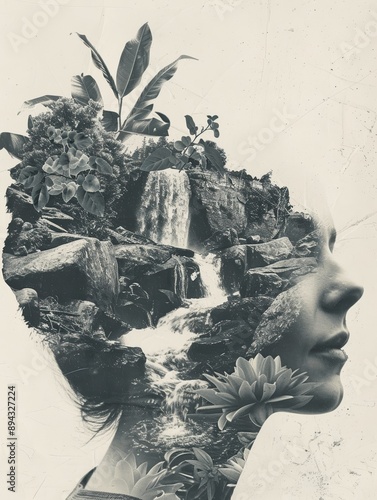 Double exposure collage of a woman's profile and nature, with flowing waterfalls and lush plants. Perfect for nature-inspired designs, environmental projects, and artistic visuals.