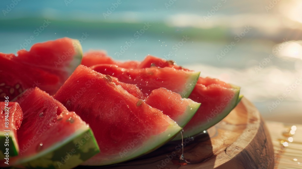 Slices of ripe watermelon dripping with juice on wooden board. Slices of ripe watermelon dripping with juice on wooden board.