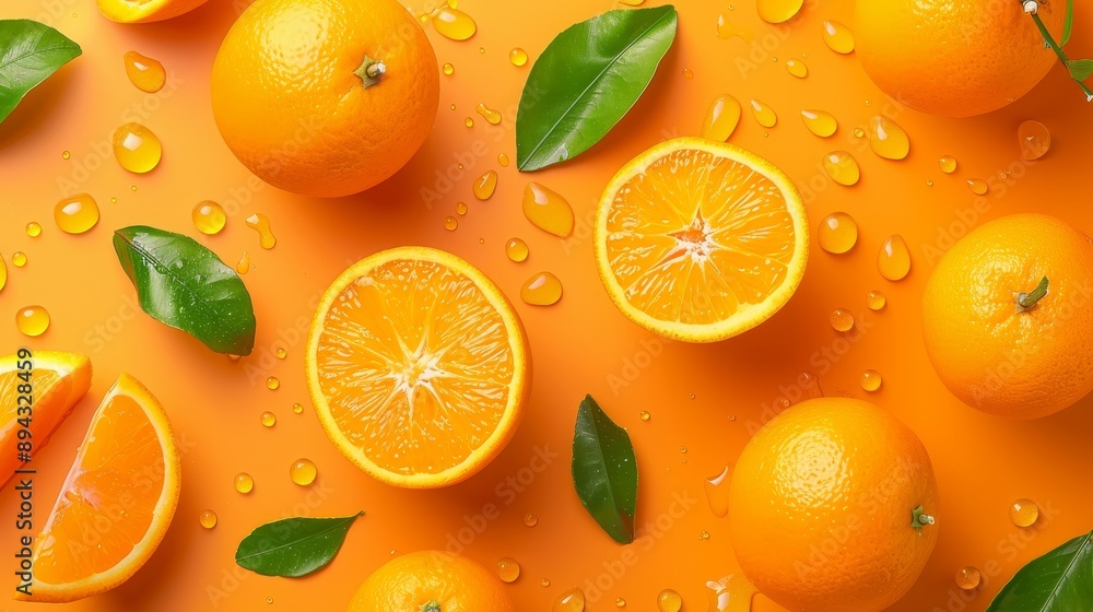 Fresh Orange Slices with Water Drops on Orange Background Fresh Orange Slices with Water Drops on Orange Background