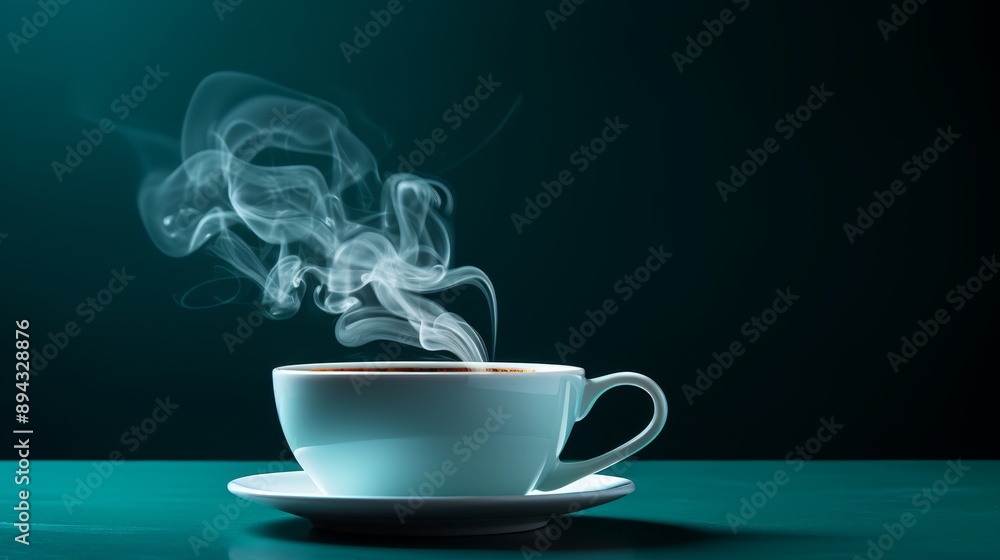 Inviting ambiance white coffee cup steaming on teal background, emanating warmth and relaxation Inviting ambiance white coffee cup steaming on teal background, emanating warmth and relaxation