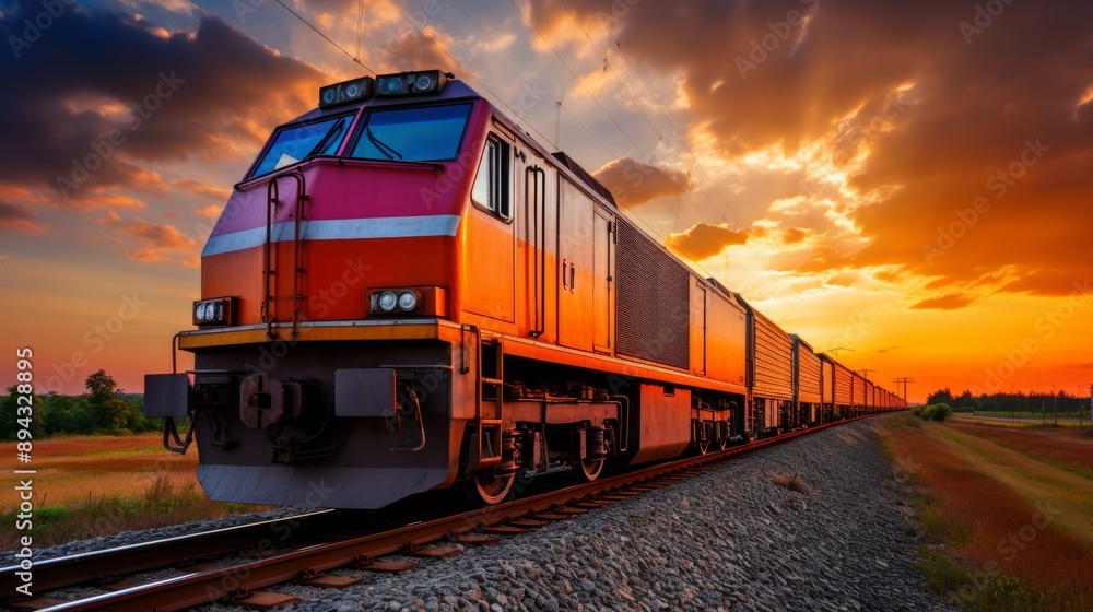 Cargo train carrying container on roof moving along railway track for transportation Cargo train carrying container on roof moving along railway track for transportation