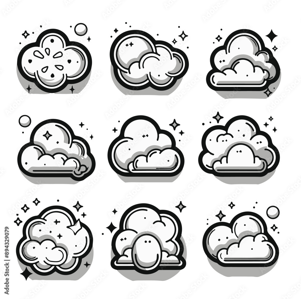 Isolated on white cloud illustration set ,generative ai Isolated on white cloud illustration set ,generative ai