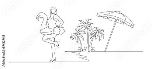Continuous single line sketch drawing beach vacation summer travel woman with swimming pool inflatable flamingo float toy beach coconut palm tree and umbrella parasol sunshade vector illustration