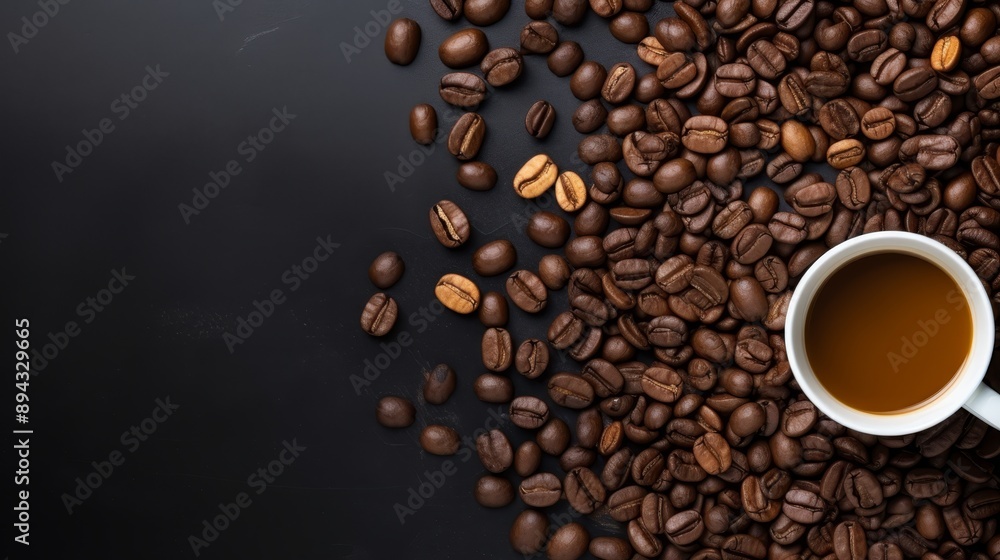Coffee cup and beans on slate tray with copy space, perfect for backgrounds and minimalistic designs Coffee cup and beans on slate tray with copy space, perfect for backgrounds and minimalistic designs