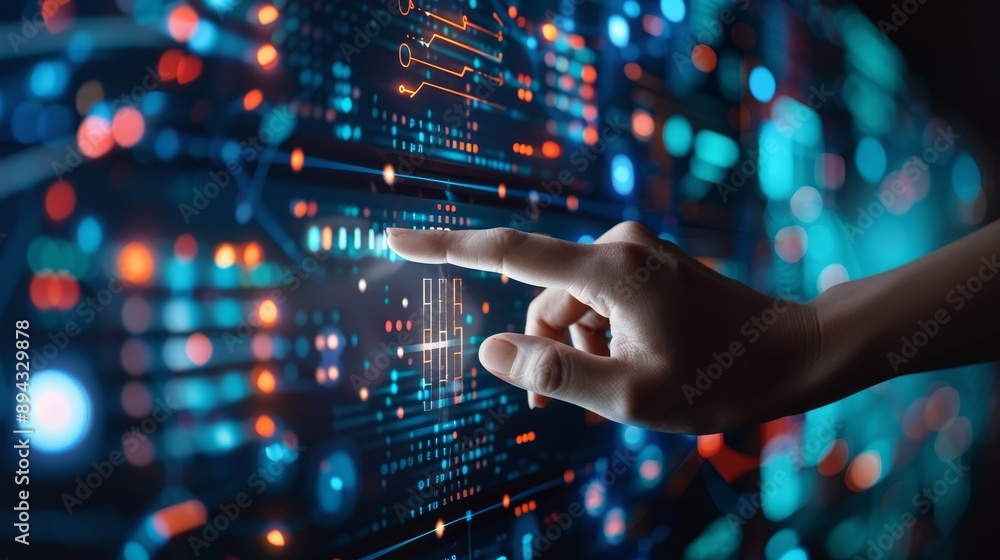 Hand interacting with futuristic technology interface Hand interacting with futuristic technology interface