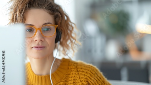 A focused young woman wearing glasses and headphones, engaged in work at a computer in a bright, modern office environment.